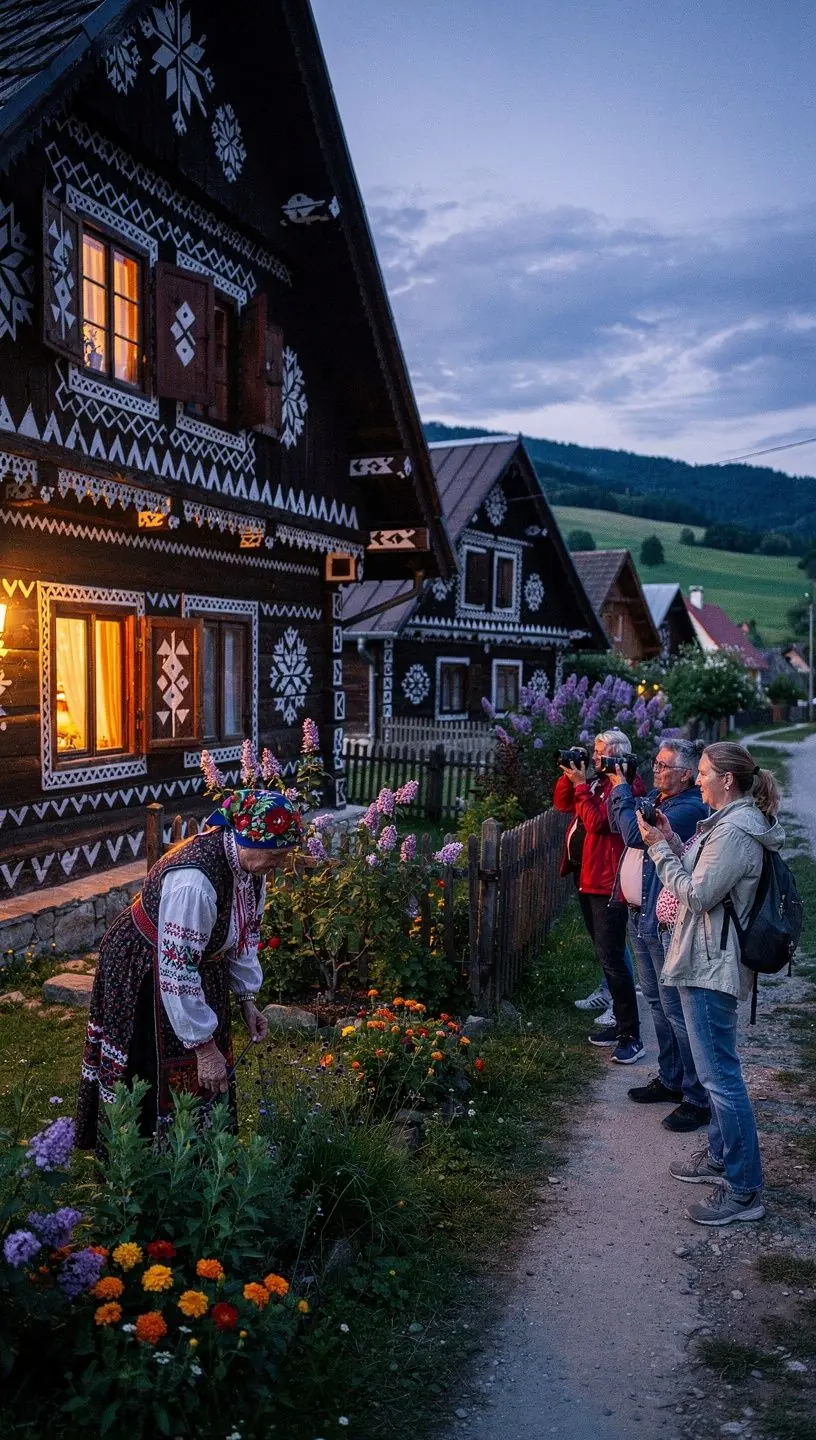 Zachovalá ľudová architektúra s typickými drevenými prvkami a šindľovou strechou v severoslovenskej obci.